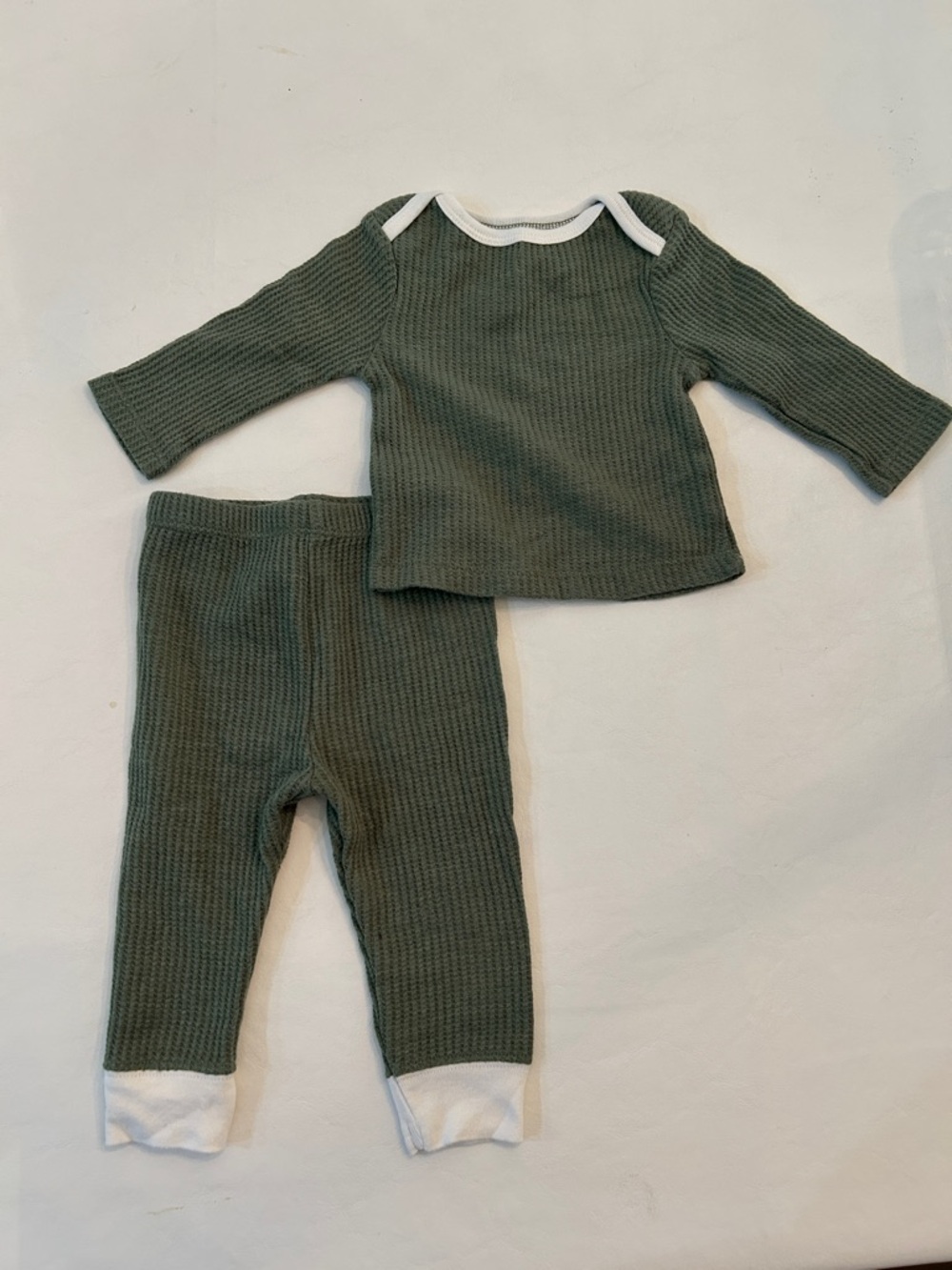 cloud island Olive Green Waffle Knit Baby Set with White Trim